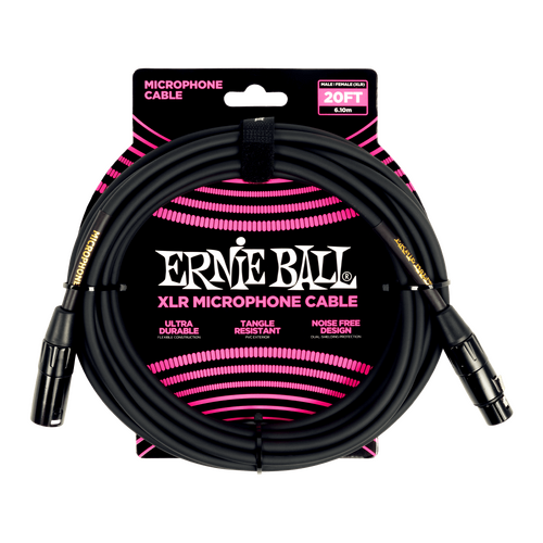 Ernie Ball 20ft Male Female XLR Microphone Cable Black