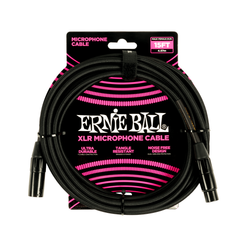 Ernie Ball 15ft Braided Male Female XLR Microphone Cable Black