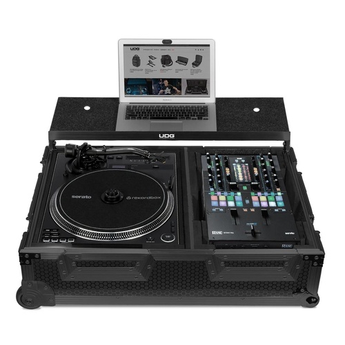 UDG U9110BL Ultimate Flight Case for Single Turntable & Mixer with Laptop Shelf, Trolley & Wheels - Black