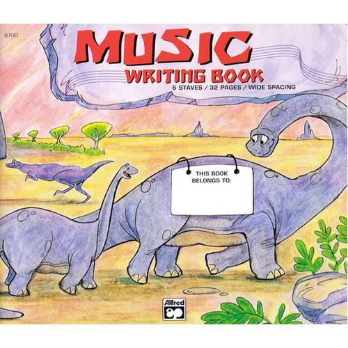 Dinosaur Manuscript Book with 6 Wide-Line Staves, 8" x 6" Oblong, High-Gloss Cover