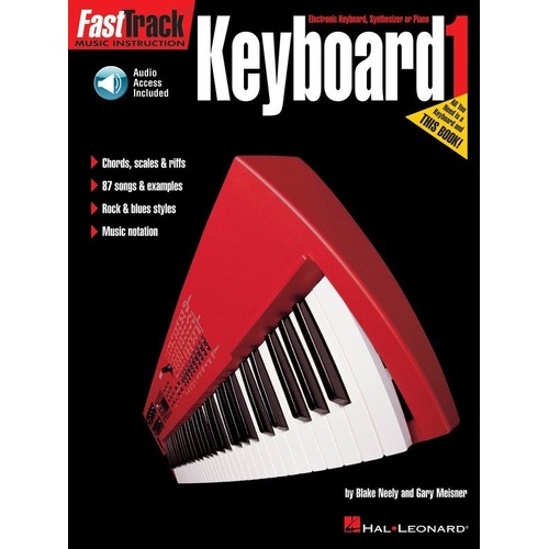 FastTrack Keyboard Method Book 1 by Hal Leonard, 48 pages, includes 87 songs, online audio access, learn music notation, chords, and styles.