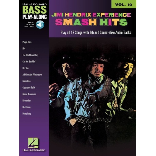 Jimi Hendrix Smash Hits Bass Play-Along V10 BK/OLA - 96 Pages, Includes Audio, Guitar TAB, Hal Leonard