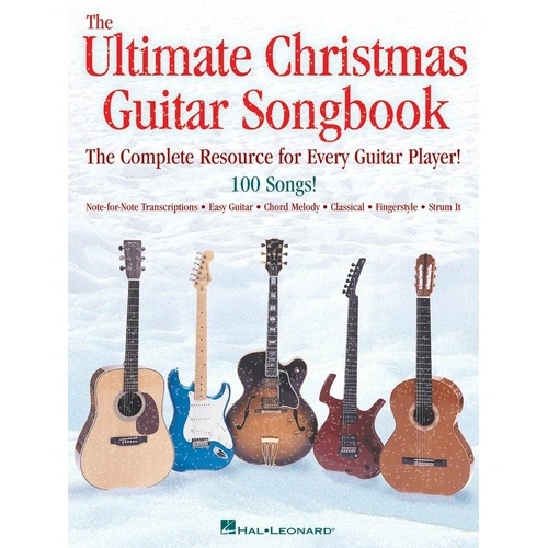 Ultimate Christmas Guitar Songbook by Hal Leonard, 100 songs in various notation styles for guitar, 226 pages, includes classic holiday tunes.