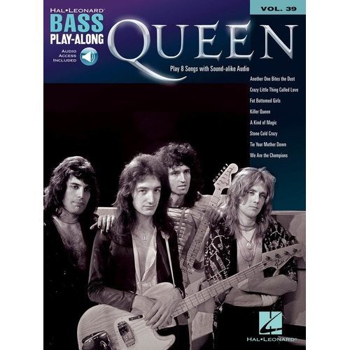 Queen Bass Play-Along V39 BK/OLA Songbook for Guitar, 64 Pages, Features 8 Songs with Audio Access for Play Along