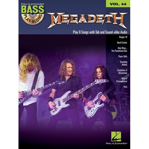 Megadeth Bass Play-Along Volume 44 Book with CD, 64 Pages, Includes Lyrics & Chords, Features 8 Songs