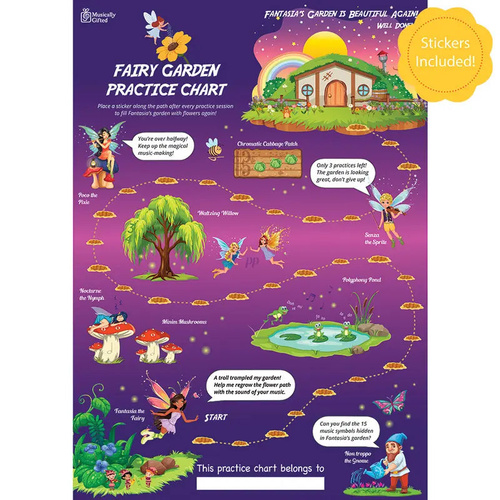 Fairy Garden A3 Music Practice Chart with Stickers and Music Symbols Challenge