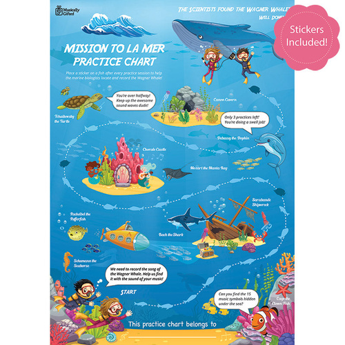 Mission to La Mer A3 Music Practice Chart by Musically Gifted with Stickers and Games