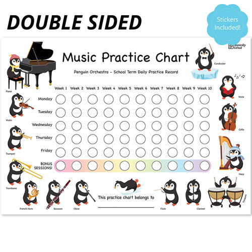 Penguins & African Animals Music Practice Chart - 20 Weeks by Musically Gifted, A3 Size, 250gsm Paper, Includes Star Stickers, Colourful Design