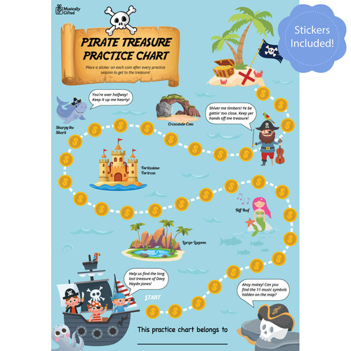 Pirate Treasure A3 Music Practice Chart with Gold Star Stickers and Music Symbols Game