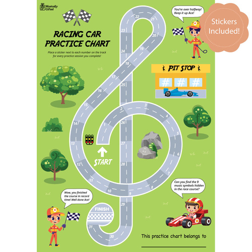 Racing Car A3 Music Practice Chart with Stickers by Musically Gifted