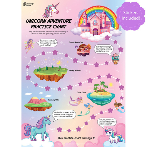Unicorn Adventure A3 Music Practice Chart with Stickers by Musically Gifted