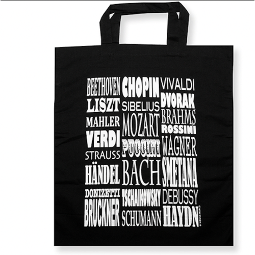 Black Tote Bag with White Composers Names and Short Handles, 38x40cm