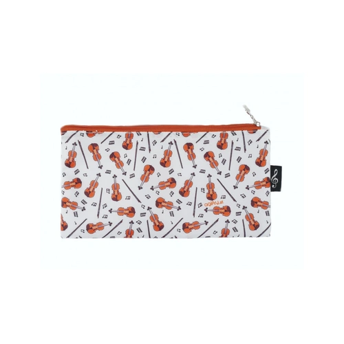 Music Pencil Case - White with Black Notes, Brown Violins and Bows, 24cm x 12.5cm