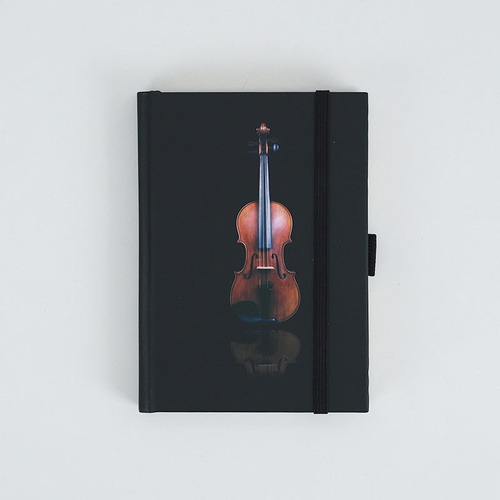 A6 Black Notebook with Violin Cover, 96 Sheets, 192 Pages, Hard Cover, Pen Loop, Elastic Closure, Ribbon Bookmark, Expandable Pocket
