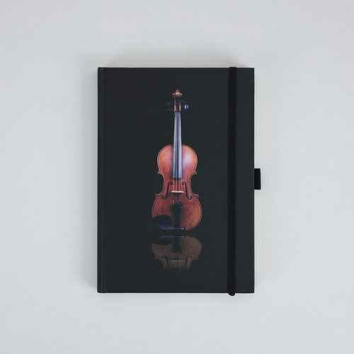 A5 Black Notebook with Violin Cover, 96 Sheets, Hard Cover, Pen Loop, Elastic Band, Ribbon Bookmark, Expandable Pocket