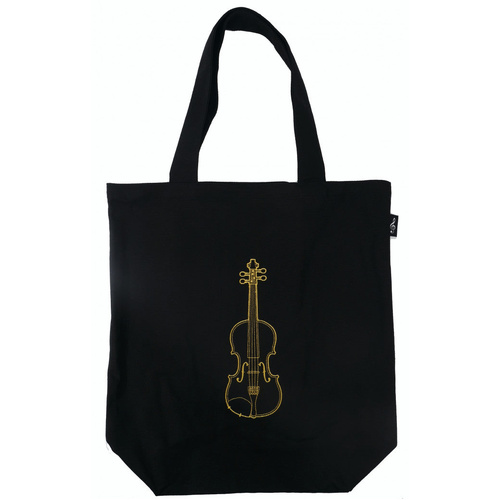 Black Canvas Tote Bag with Gold Embroidered Violin, 45cm