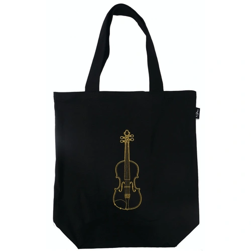 Black Canvas Tote Bag with Gold Embroidered Violin