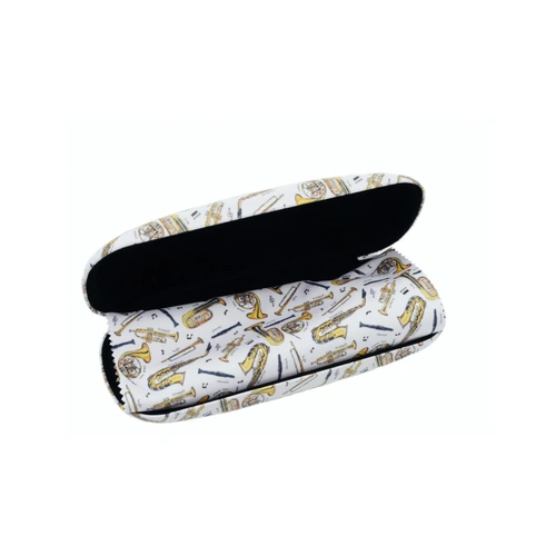White Glasses Case with Brass Music Instruments and Matching Microfiber Cloth