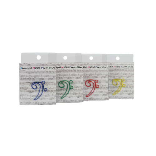 Pack of 12 Colourful Bass Clef Paper Clips in Blue, Green, Red and Yellow