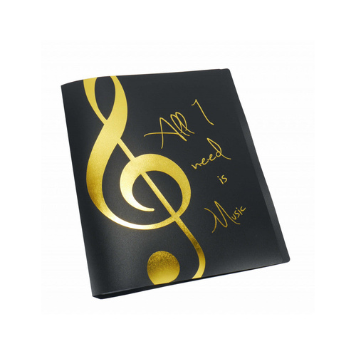 A4 Black Display Folder with Gold Treble Clef and 'All I Need is Music' Saying, 20 Clear Pockets