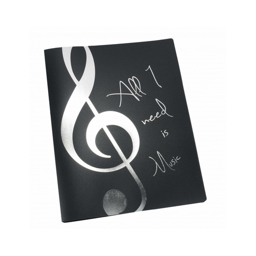 A4 Black Display Folder with Silver Treble Clef and 'All I Need is Music' Saying, 20 Clear Pockets