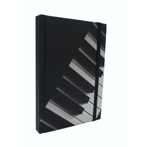 A6 Black Notebook with Piano Keyboard, Hard Cover, Pen Loop, Elastic Closure, Ribbon Bookmark, Expandable Pocket, 96 Sheets