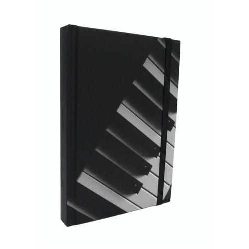A6 Black Notebook with Piano Keyboard, Hard Cover, Pen Loop, Elastic Closure, Ribbon Bookmark, Expandable Pocket, 96 Sheets