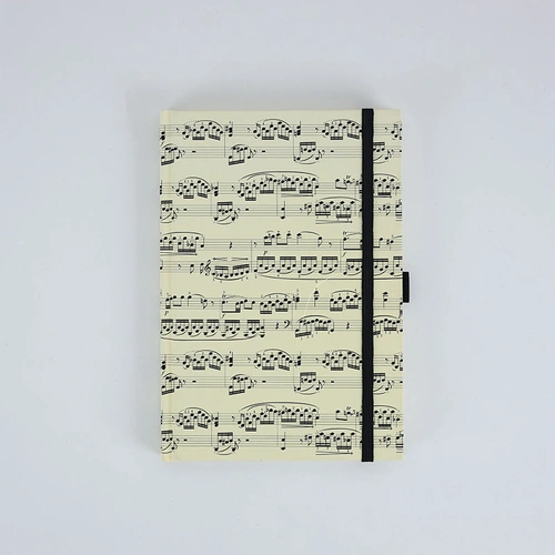 A5 Creme Hard Cover Notebook with Black Manuscript, Pen Loop, Elastic Band, Ribbon Bookmark, Expandable Pocket, 96 Sheets (192 Pages)