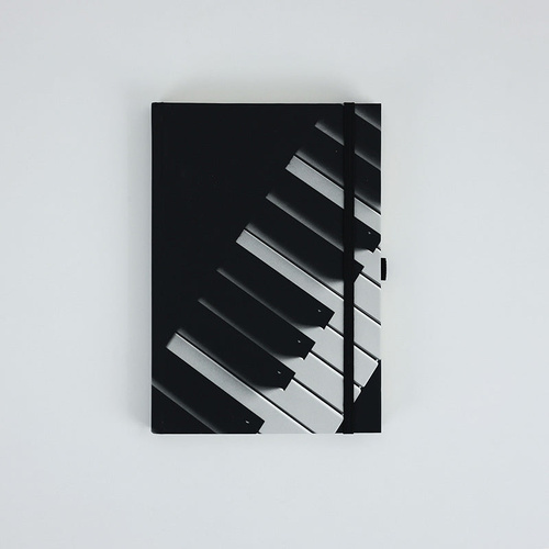 A5 Black Notebook with Piano Keyboard, 96 Sheets, Hard Cover, Pen Loop, Elastic Closure, Ribbon Bookmark, Expandable Pocket