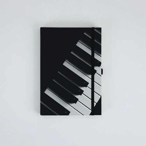 A5 Black Notebook with Piano Keyboard, 96 Sheets, Hard Cover, Pen Loop, Elastic Band, Ribbon Bookmark, Expandable Inner Pocket