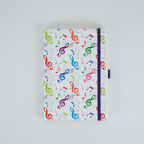 A5 Notebook with Colorful Music Treble Clefs, 96 Sheets, Hard Cover, Pen Loop, Elastic Band, Ribbon Bookmark, Expandable Pocket