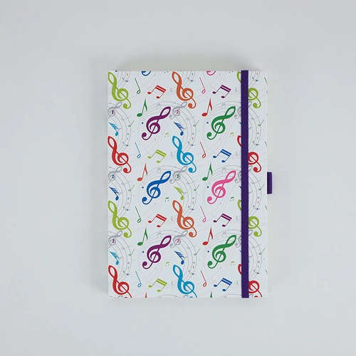 A5 Notebook with Colourful Music Treble Clefs, 96 Sheets, Hard Cover, Pen Loop, Elastic Band, Ribbon Bookmark, Expandable Pocket
