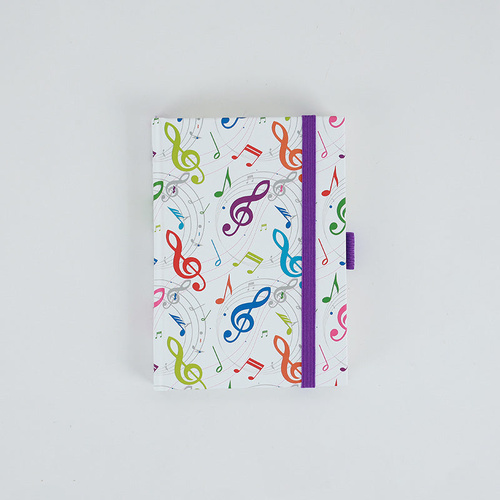 A6 Notebook with Colourful Treble Clefs, Hard Cover, 96 Sheets, Elastic Band, Pen Loop, Ribbon Bookmark, Expandable Pocket