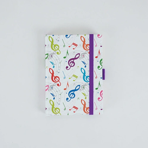 A6 Notebook with Colourful Treble Clefs, 96 Sheets, Elastic Band, Pen Loop, Ribbon Bookmark, Expandable Inner Pocket