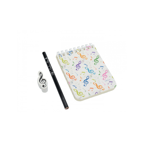 Music Stationery Pack: Small Notebook, Colourful Treble Clefs, Black Pencil, White Treble Clef Eraser