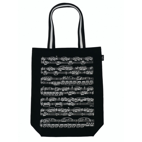 Black Canvas Tote Music Bag with White Manuscript and Striped Handle, 45cm