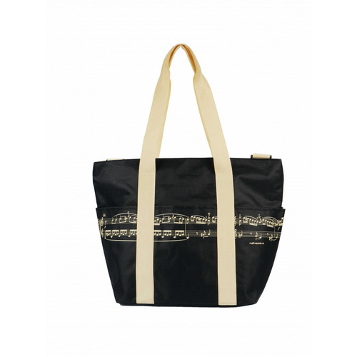 Music Themed Black Shoulder Bag with Yellow Manuscript Print and Straps