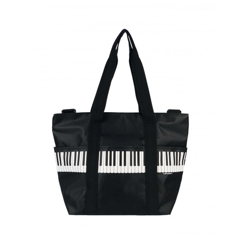 Music Themed Shoulder Bag Black with White Keyboard, Long & Short Straps, Pockets, 45x34x20 cm