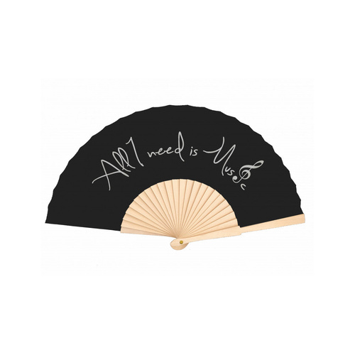 Hand Held Fan Black with Silver "All I Need is Music" Writing