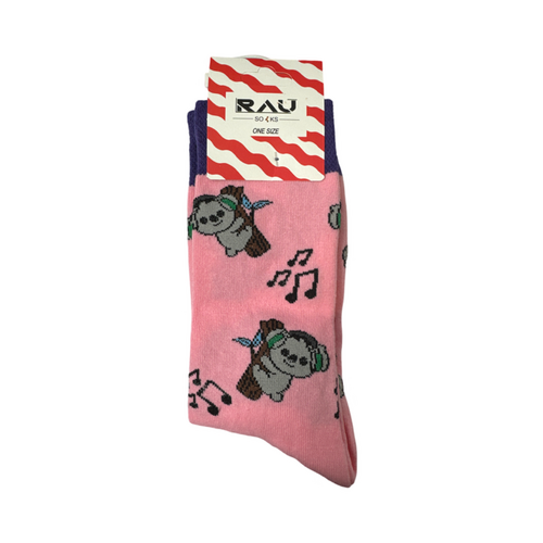 Koala with Headphones Pink Socks with Purple Tops and Toes - One Size, Turkish Cotton, Breathable, Arch Support, Comfortable