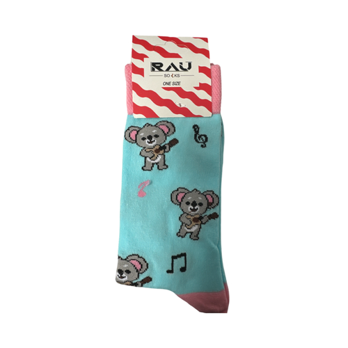 Koala Playing Guitar Blue Socks with Pink Tops and Toes, One Size, Turkish Cotton Blend