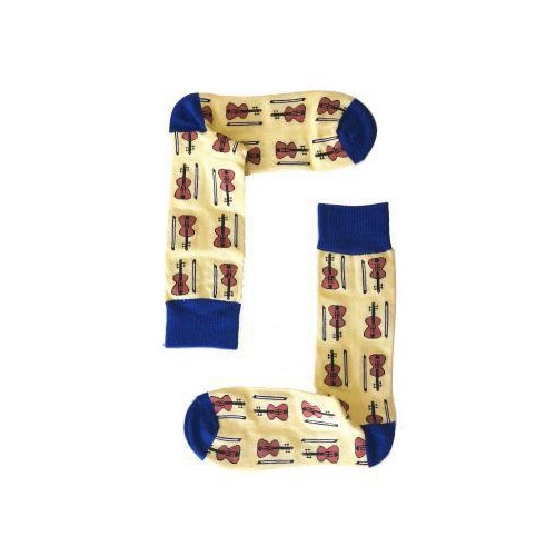 Unisex Yellow Violin Socks with Blue Trim and Brown Violins and Bows, Size 6-11