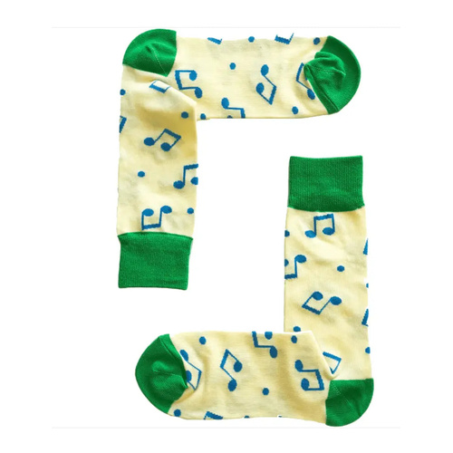 Unisex Yellow Music Socks with Green Trim and Blue Notes, Size 6-11