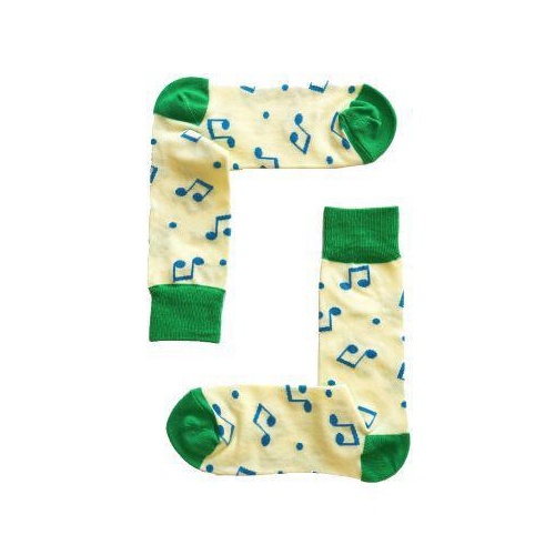 Unisex Yellow Music Socks with Green Trim and Blue Notes, Size 3-8, 80% Cotton, 20% Polyester