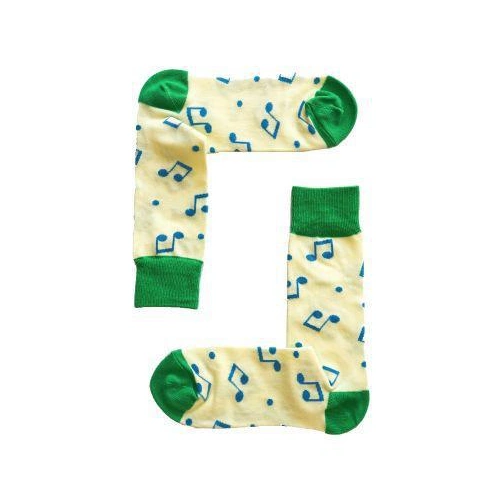 Unisex Yellow Music Socks with Green Trim and Blue Notes, Size 3-8, 80% Cotton 20% Polyester