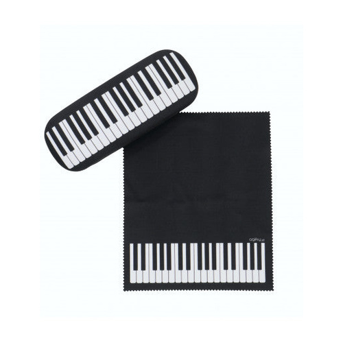Music Inspired Glasses Case with Microfiber Cleaning Cloth, Black with White Keyboards