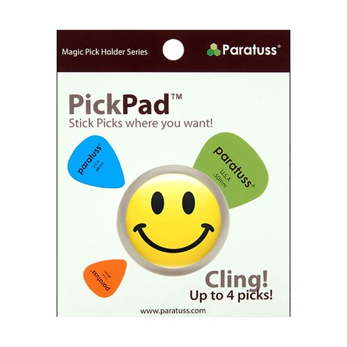 PickPad Smiley Face Pick Holder for Guitar Picks, Holds 4 Picks, 30mm Diameter, Heavy Duty, Adhesive-Free Removal