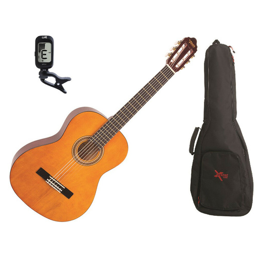 Valencia Full Size Classical Guitar Pack C/W Padded Bag Clip-On Tuner Natural