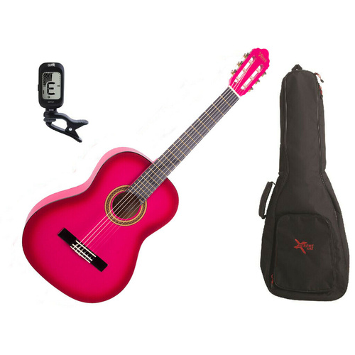 Valencia Full Size Classical Guitar Pack Pink C/W Padded Bag and Clip On Tuner