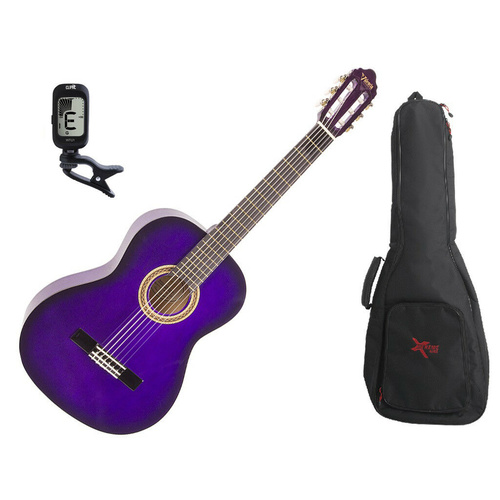 Valencia Full Size Classical Guitar Pack Purple C/W Padded Bag & Clip On Tuner